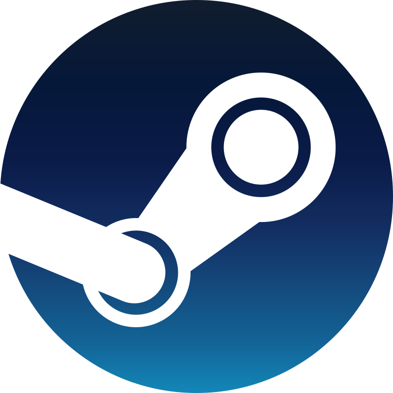 Steam logo in circular form (Dark blue-Light blue progression from top-left to bottom-right background, with white interlinked angled metal parts imposed in white)