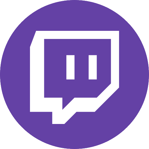 Twitch logo in circular form (Dark lavendar background, squared speech bubble from bottom left with rectangular eyes imposed in white)