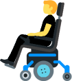 Emoji: White male with ginger hair, wearing black tshirt, trousers, and footwear sat in a grey cushioned, with blue and black frame, and black wheels wheelchair facing left